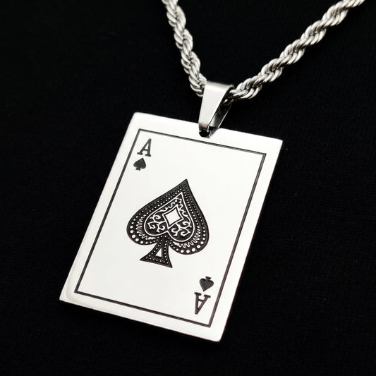 Square Ace of Spades playing card pendant with silver clasp bail and chain