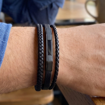Premium Black Leather Bracelet - B-182 | Men's - Overpowered Accessories