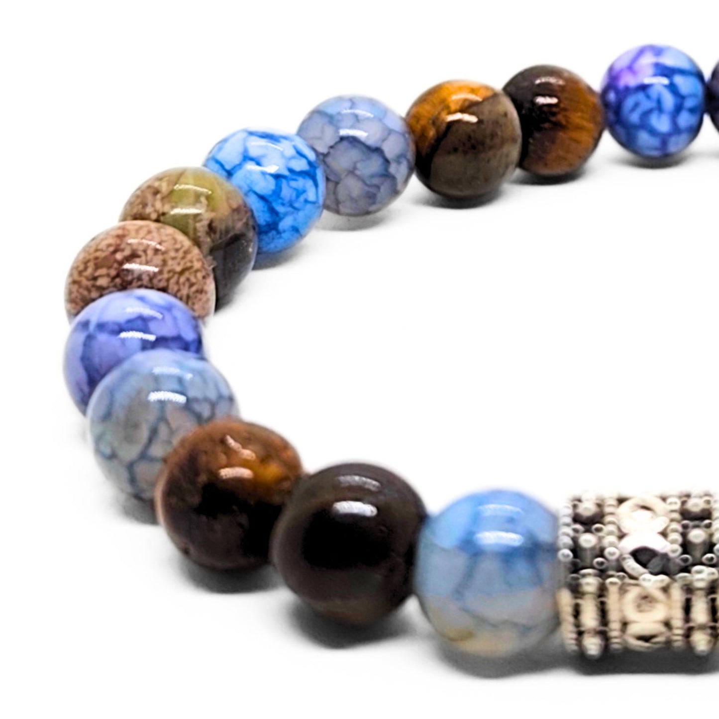 Natural Agate & Tiger Eye Gemstone G-24 Bracelet featuring a mix of blue, brown, and patterned beads with a decorative silver