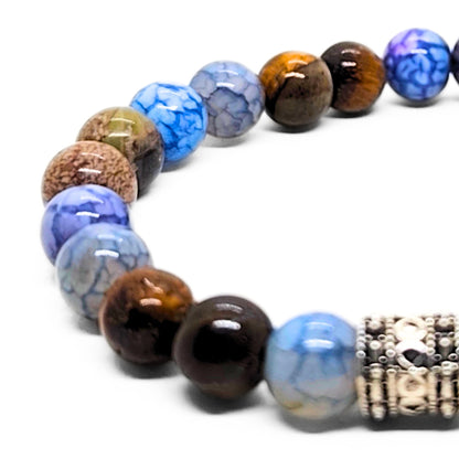 Natural Agate & Tiger Eye Gemstone G-24 Bracelet featuring a mix of blue, brown, and patterned beads with a decorative silver