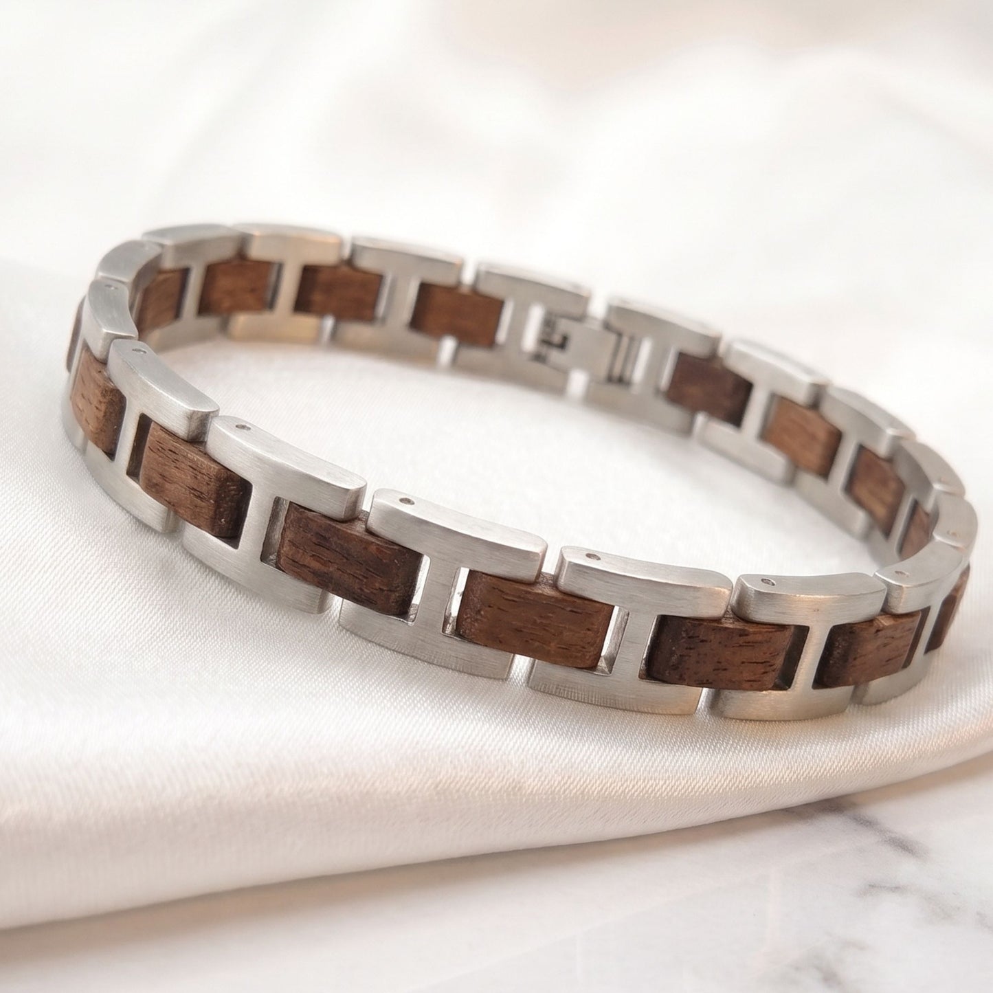 Luxury Natural Walnut Wood & Stainless Steel Bracelet - B-191 | Men's - Overpowered Accessories