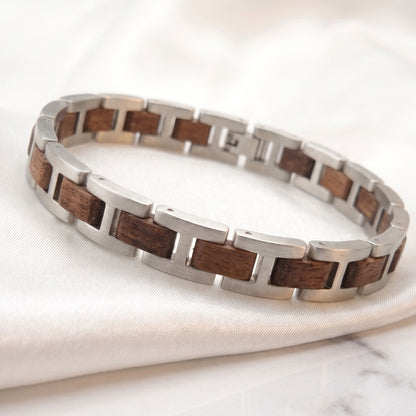 Luxury Natural Walnut Wood & Stainless Steel Bracelet - B-191 | Men's - Overpowered Accessories