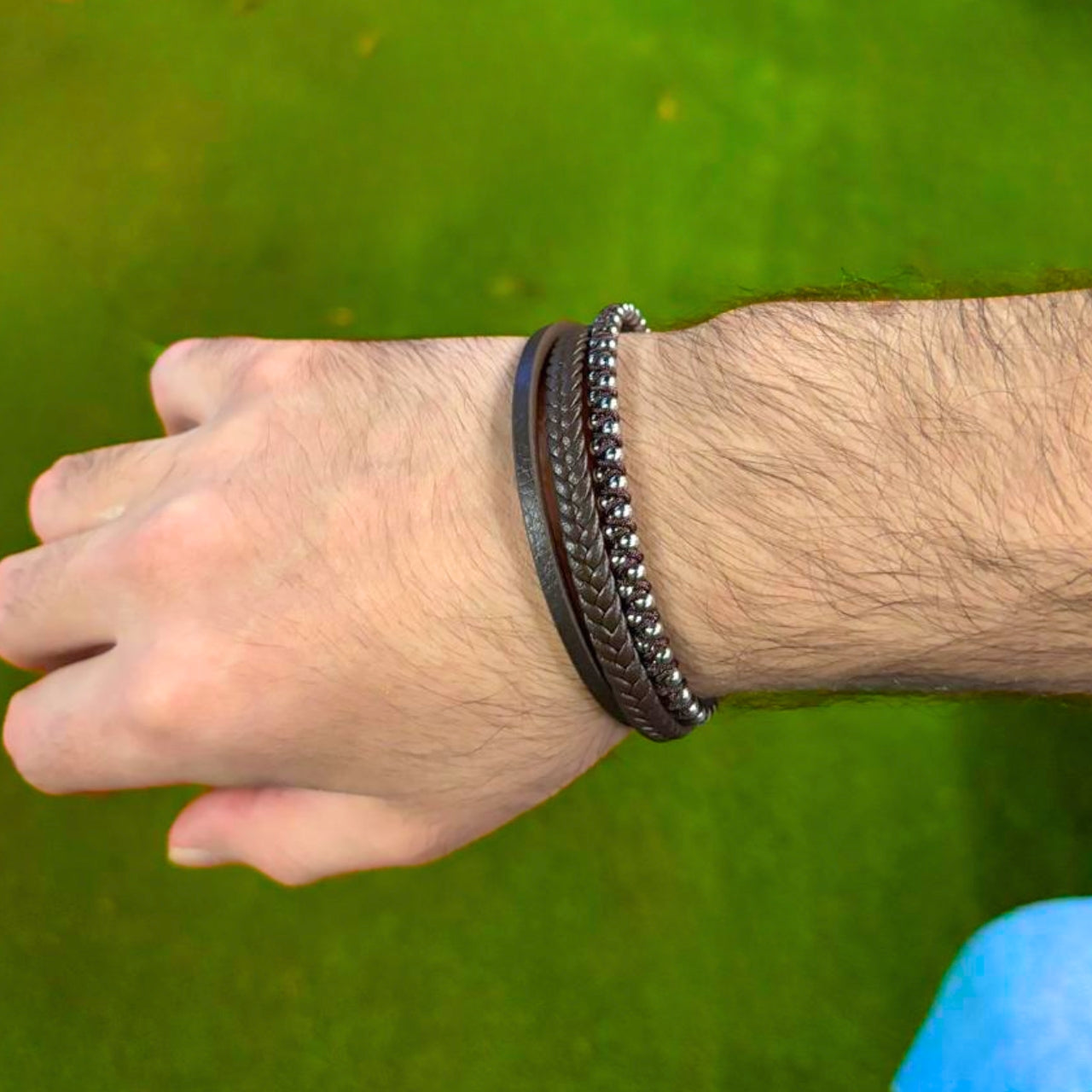 Premium Brown Leather Bracelet with Beads Silver Stainless Steel B-92 - Overpowered Accessories | Egypt