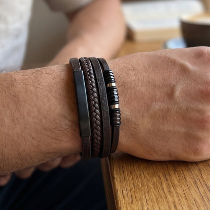 Brown Leather & Two-Tone Black/Brown Stainless Steel - B-81 Bracelet | Men's - Overpowered Accessories Egypt