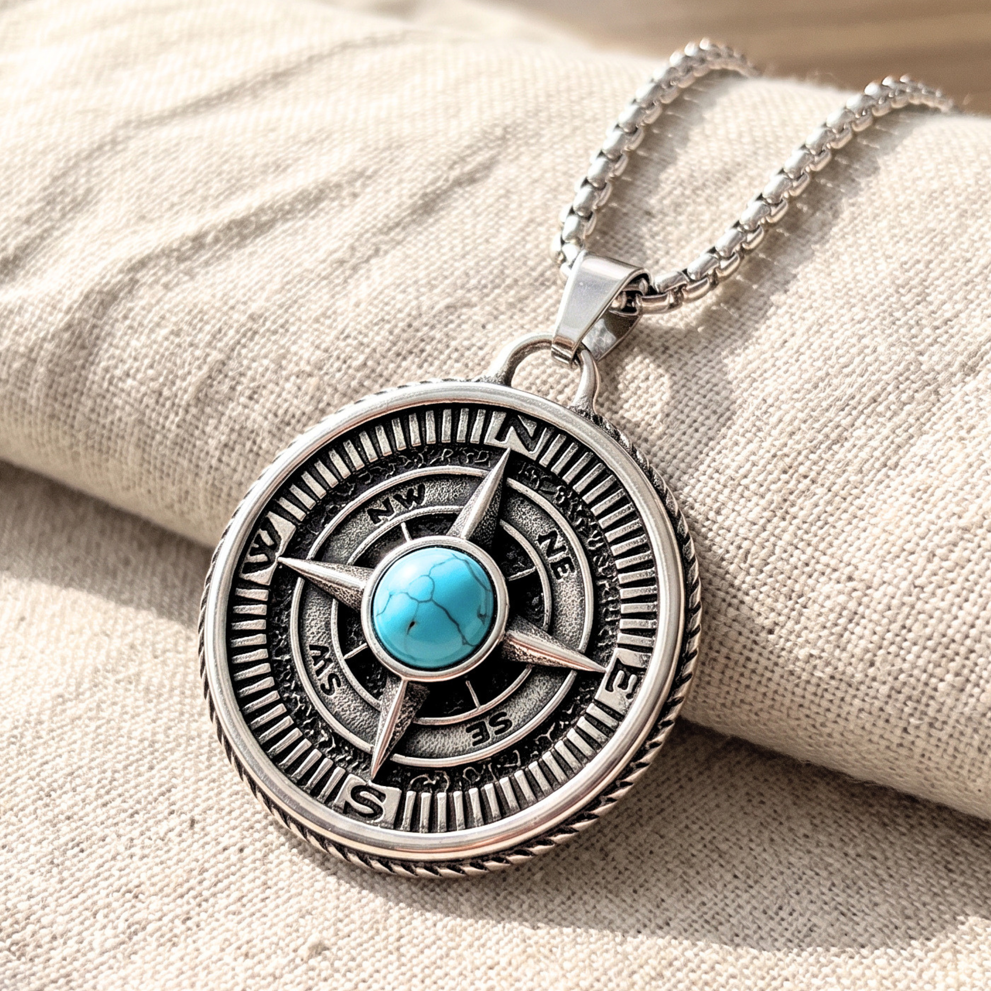 Compass-style pendant necklace on chain, round silver disc with blue turquoise cabochon