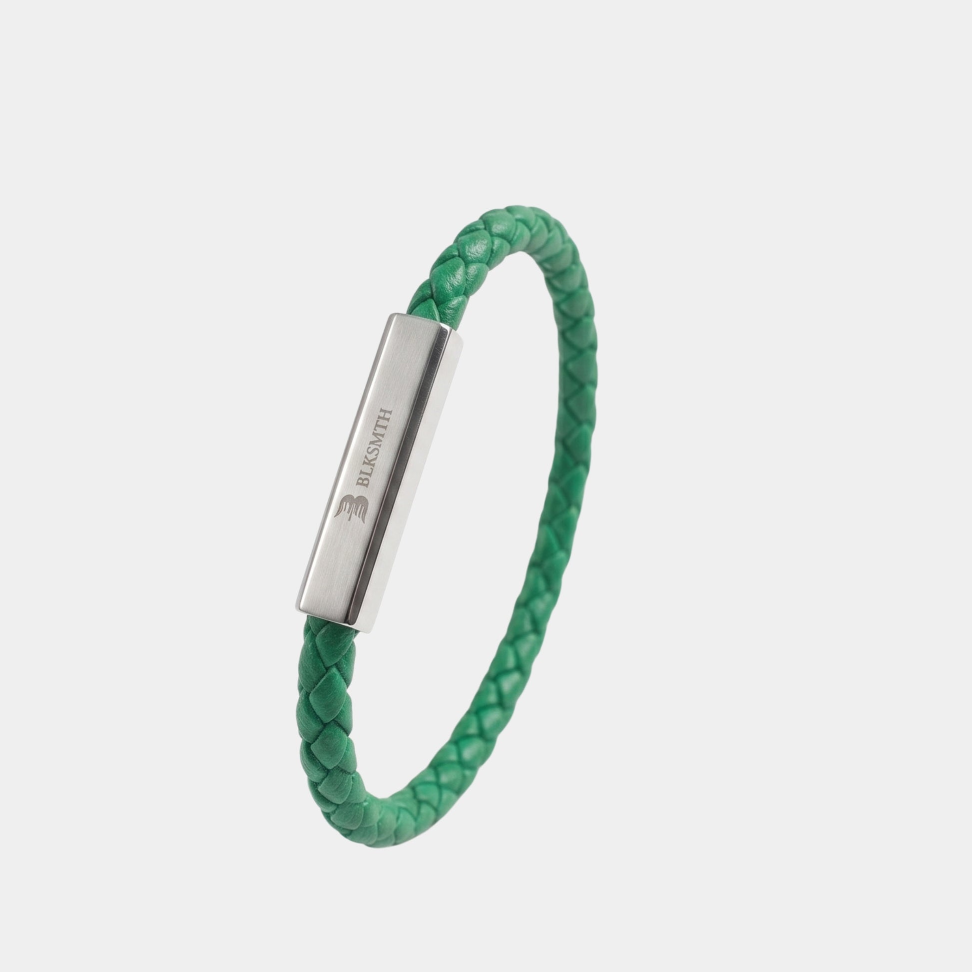Green braided leather bracelet with silver rectangular clasp, side view