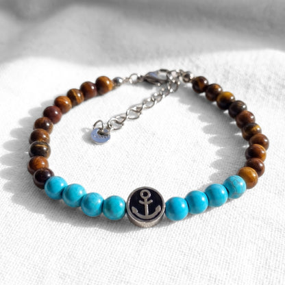 Men's tiger eye and turquoise beaded anchor bracelet with silver chain and round medallion