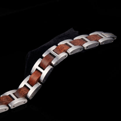 Luxury Natural Rosewood & Silver Stainless Steel Bracelet - B-188 | Men's - Overpowered Accessories