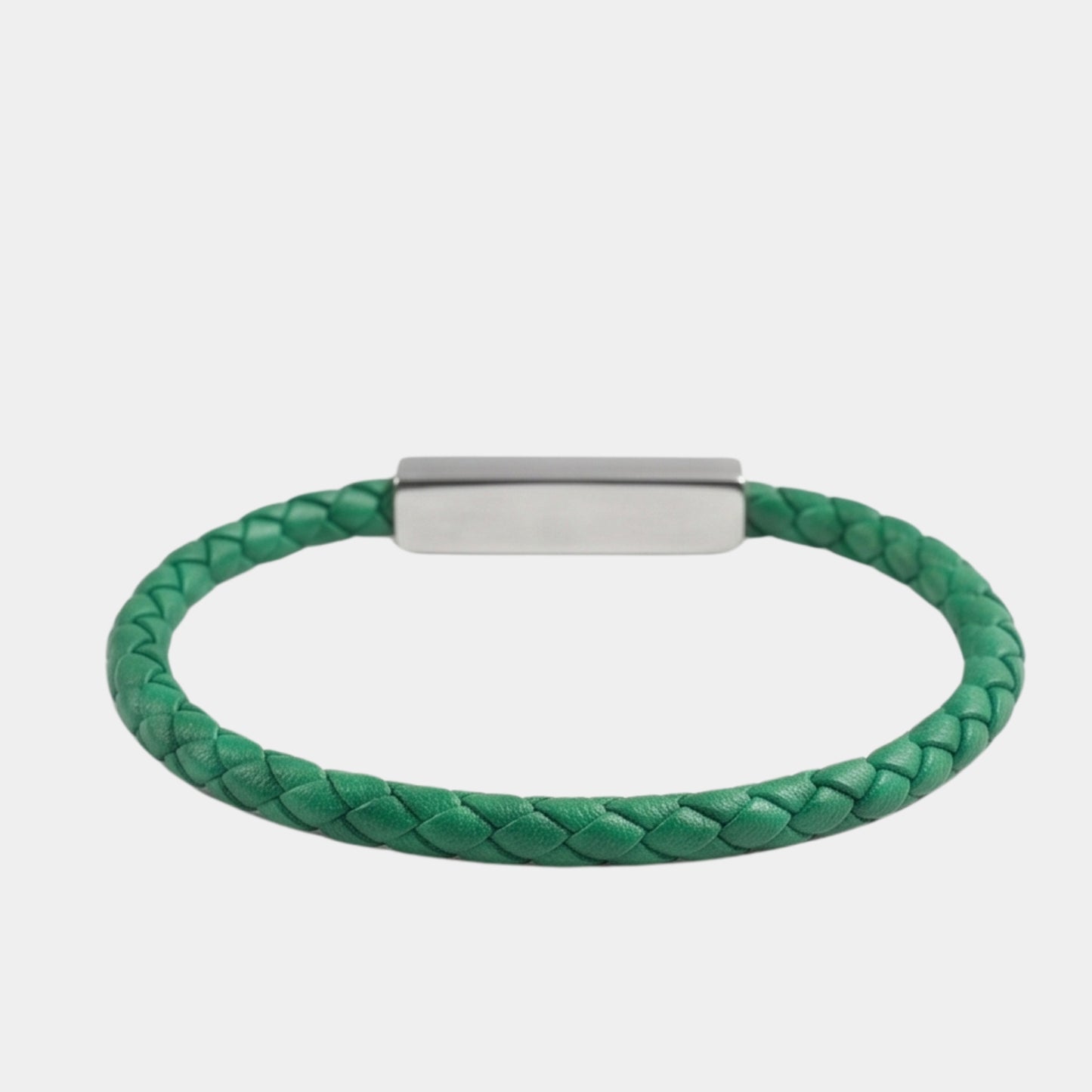 Green braided leather bracelet with silver rectangular clasp, front view