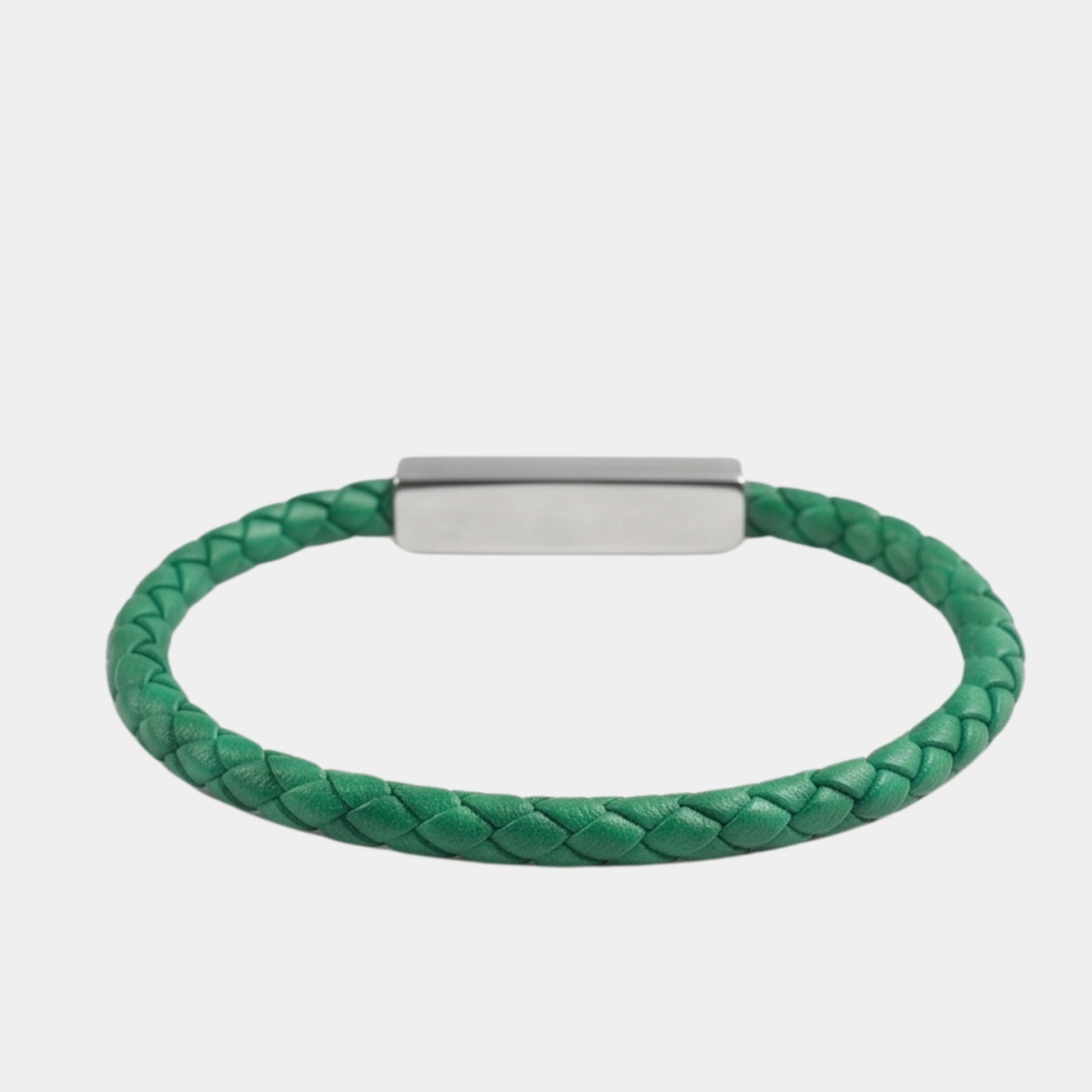 Green braided leather bracelet with silver rectangular clasp, front view