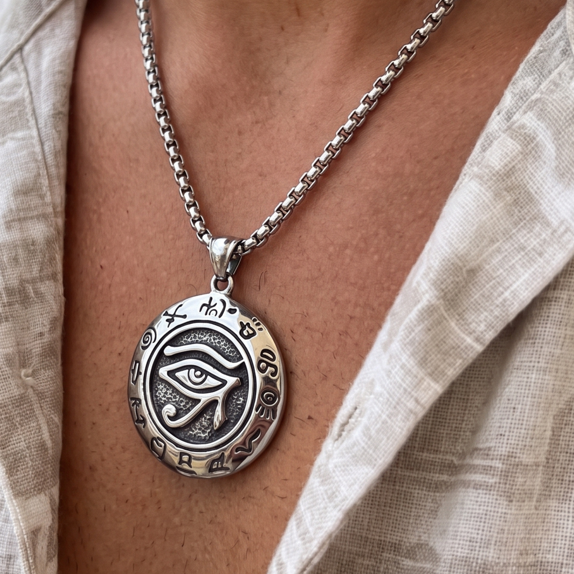 Silver-tone oval eye symbol pendant necklace, close-up