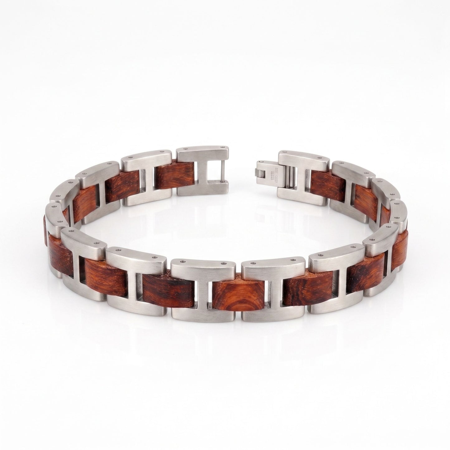 Luxury Natural Rosewood & Silver Stainless Steel Bracelet - B-188 | Men's - Overpowered Accessories