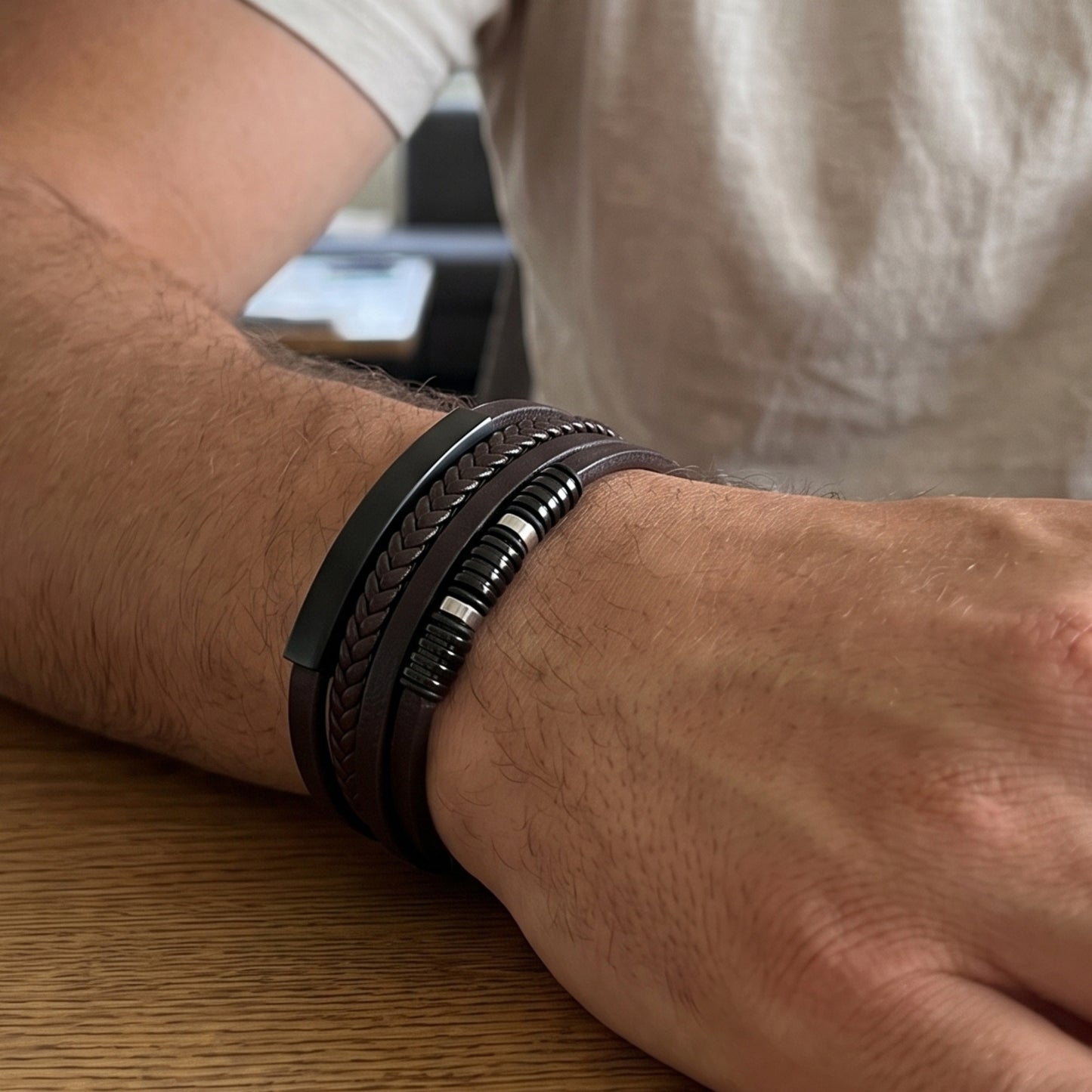Brown Leather & Two-Tone Black/Brown Stainless Steel - B-81 Bracelet | Men's - Overpowered Accessories Egypt