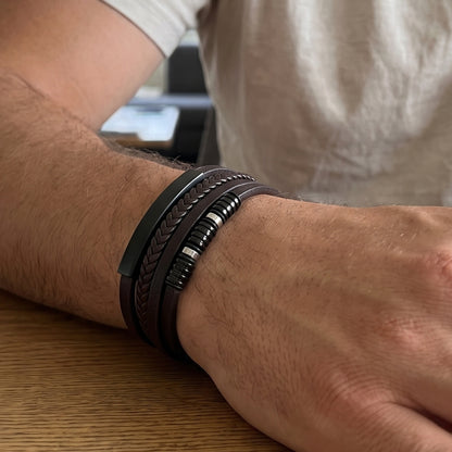 Brown Leather & Two-Tone Black/Brown Stainless Steel - B-81 Bracelet | Men's - Overpowered Accessories Egypt