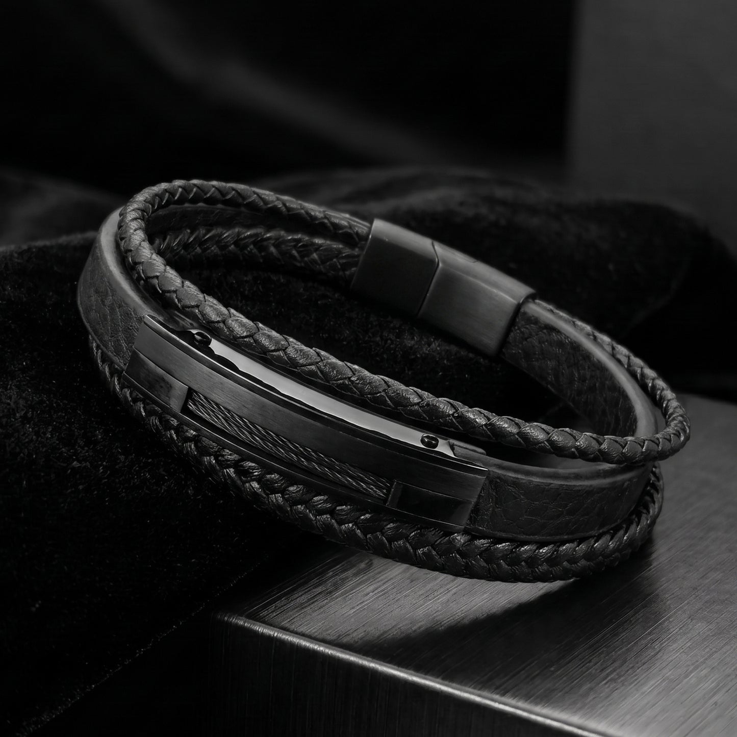 Premium Black Leather Bracelet - B-181 | Men's - Overpowered Accessories