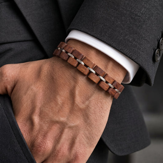 Men's rosewood wooden bead bracelet with white leather strap, Overpowered Accessories