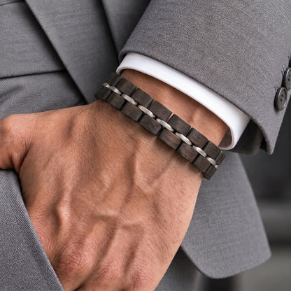 Men's dark ebony wood link bracelet with adjustable fit, Overpowered Accessories