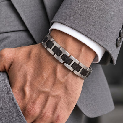 Men's ebony wood & stainless steel link bracelet with adjustable clasp, Overpowered Accessories