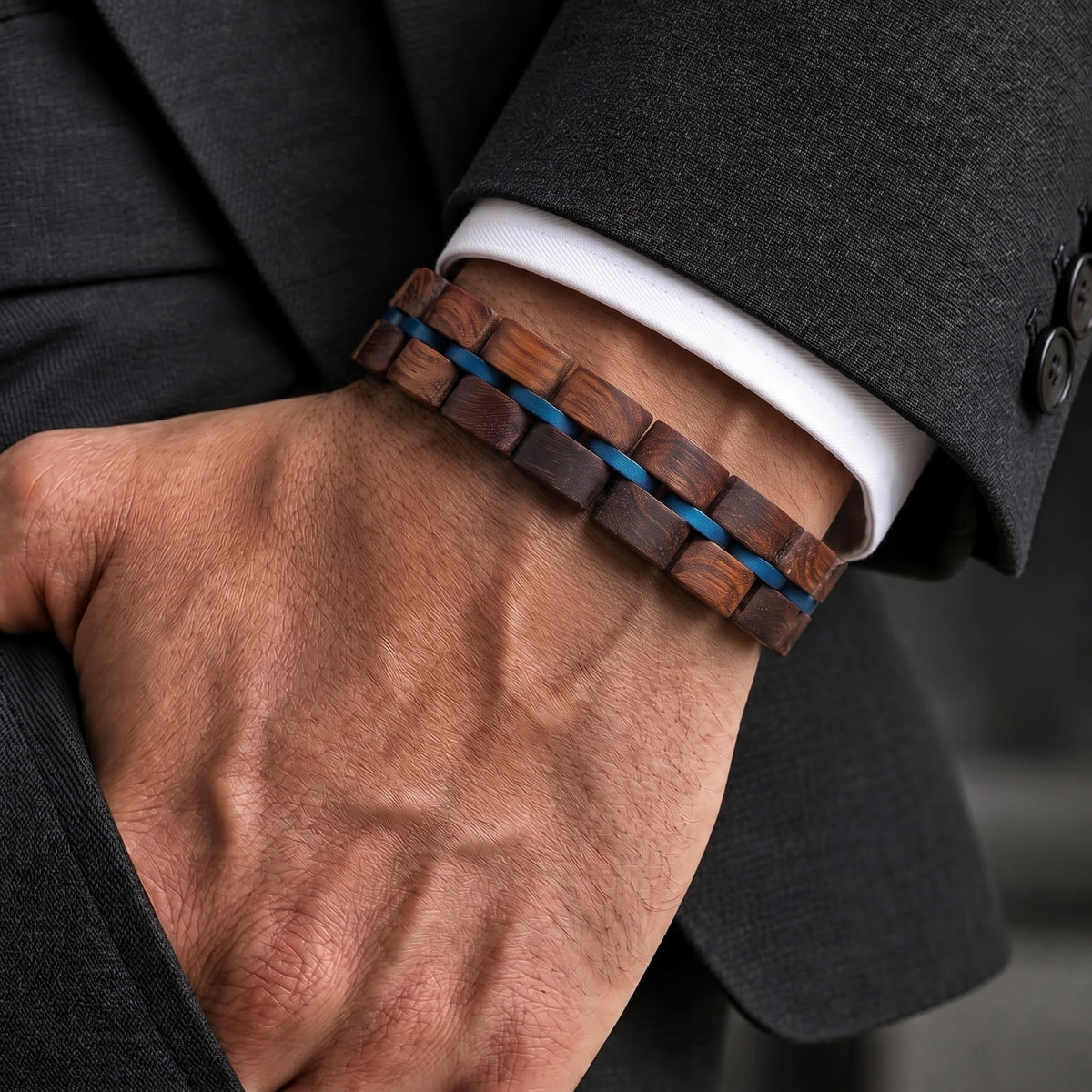 Men's rosewood bead bracelet with blue inlay and white backing, adjustable, Overpowered Accessories