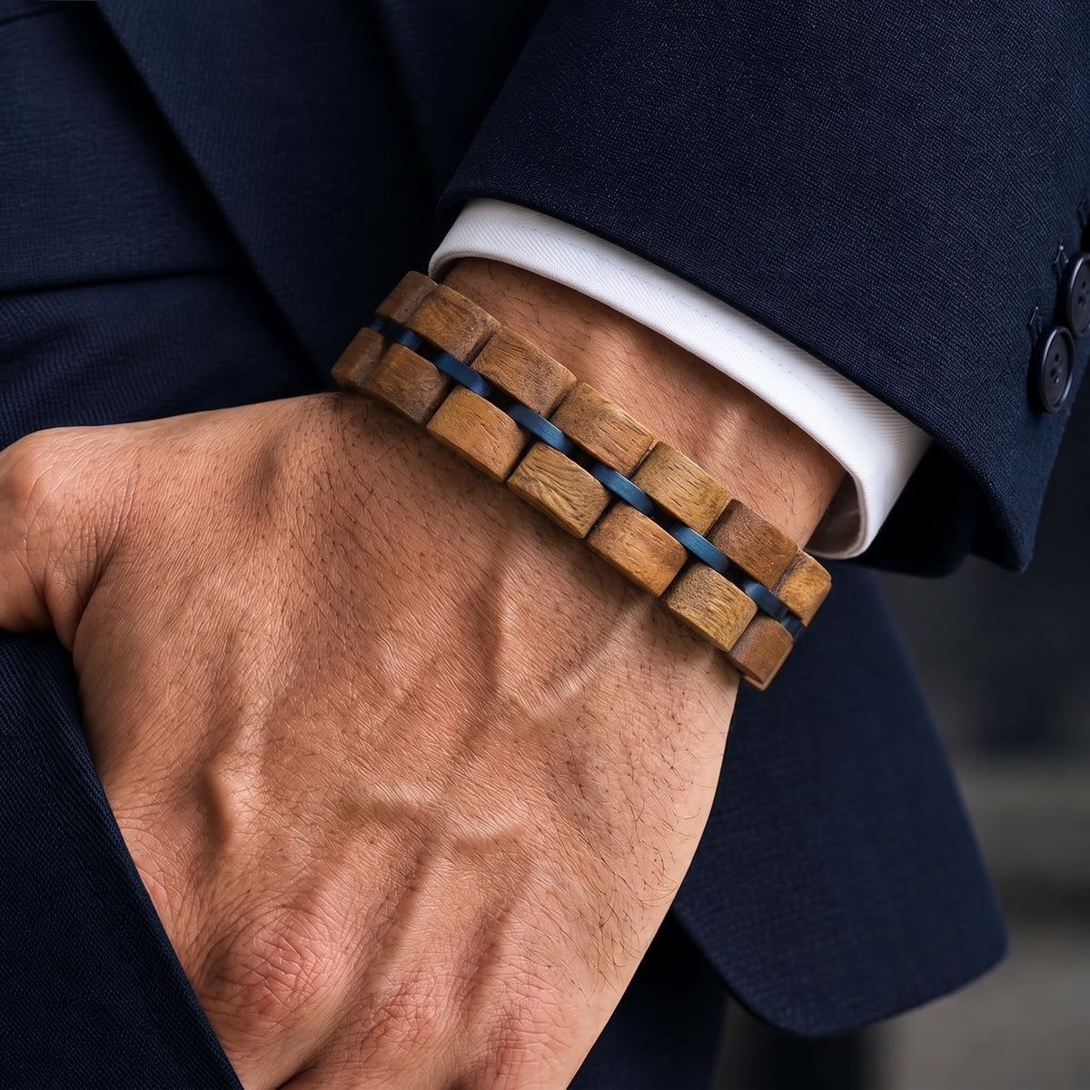Adjustable natural walnut wood bead bracelet with blue accents and white backing, Overpowered Accessories