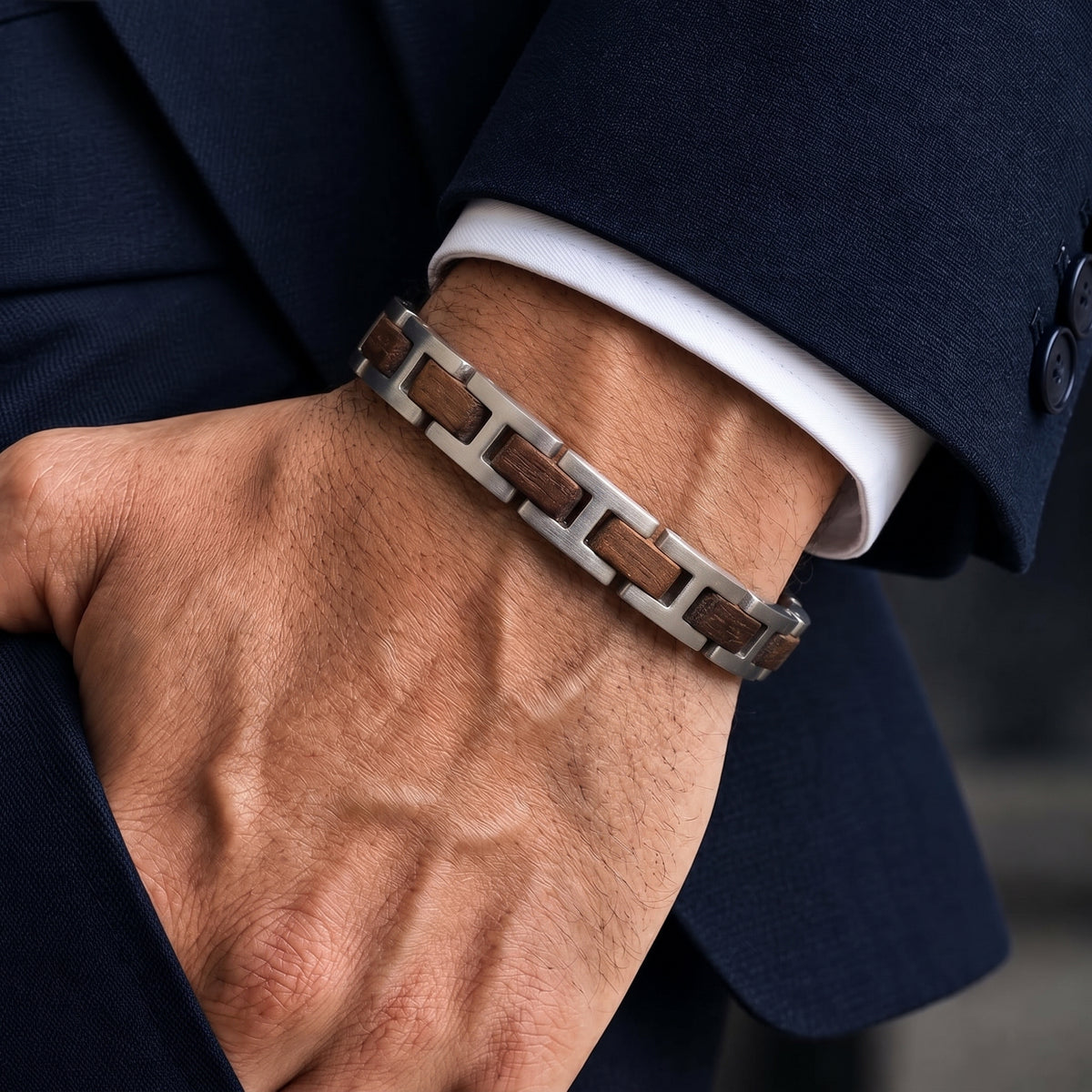 Men’s adjustable bracelet with natural walnut wood links and stainless steel center, Overpowered Accessories