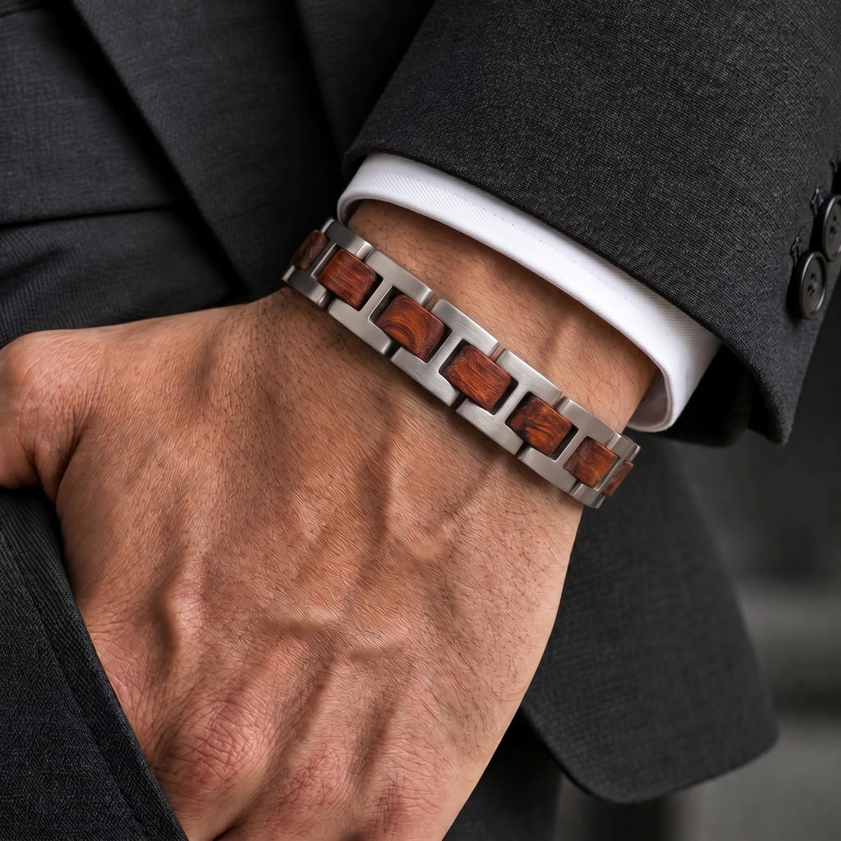 Men's silver stainless steel bracelet with rosewood square inlays, link band, Overpowered Accessories