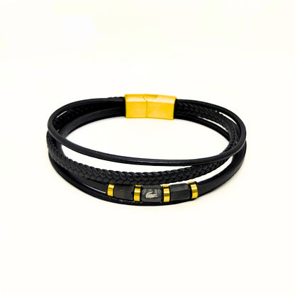 Black Leather B-101 | Gold Steel Bracelet - Overpowered Accessories | Egypt
