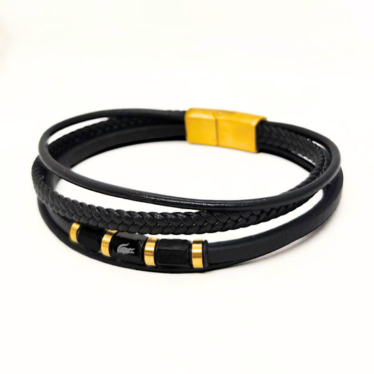 Black Leather B-101 | Gold Steel Bracelet - Overpowered Accessories | Egypt