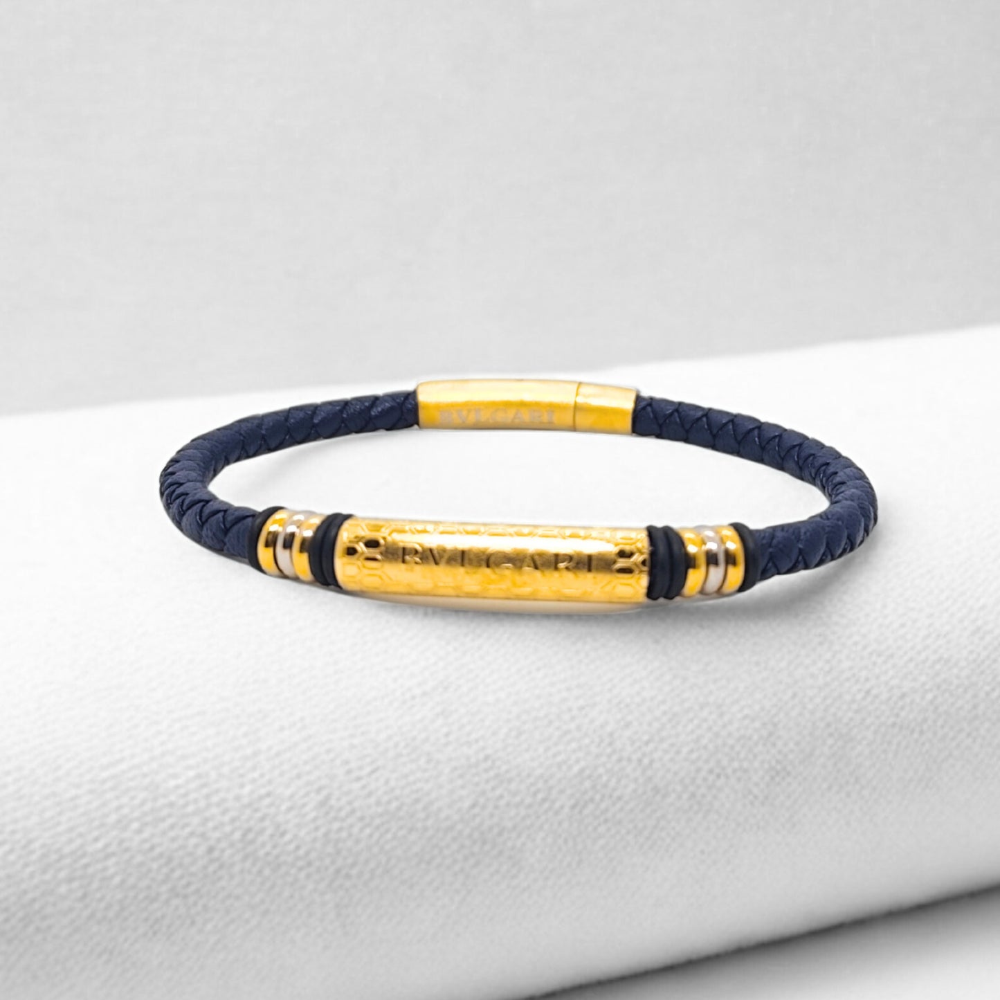 Blue Leather B-108 | Gold Steel Bracelet - Overpowered Accessories | Egypt