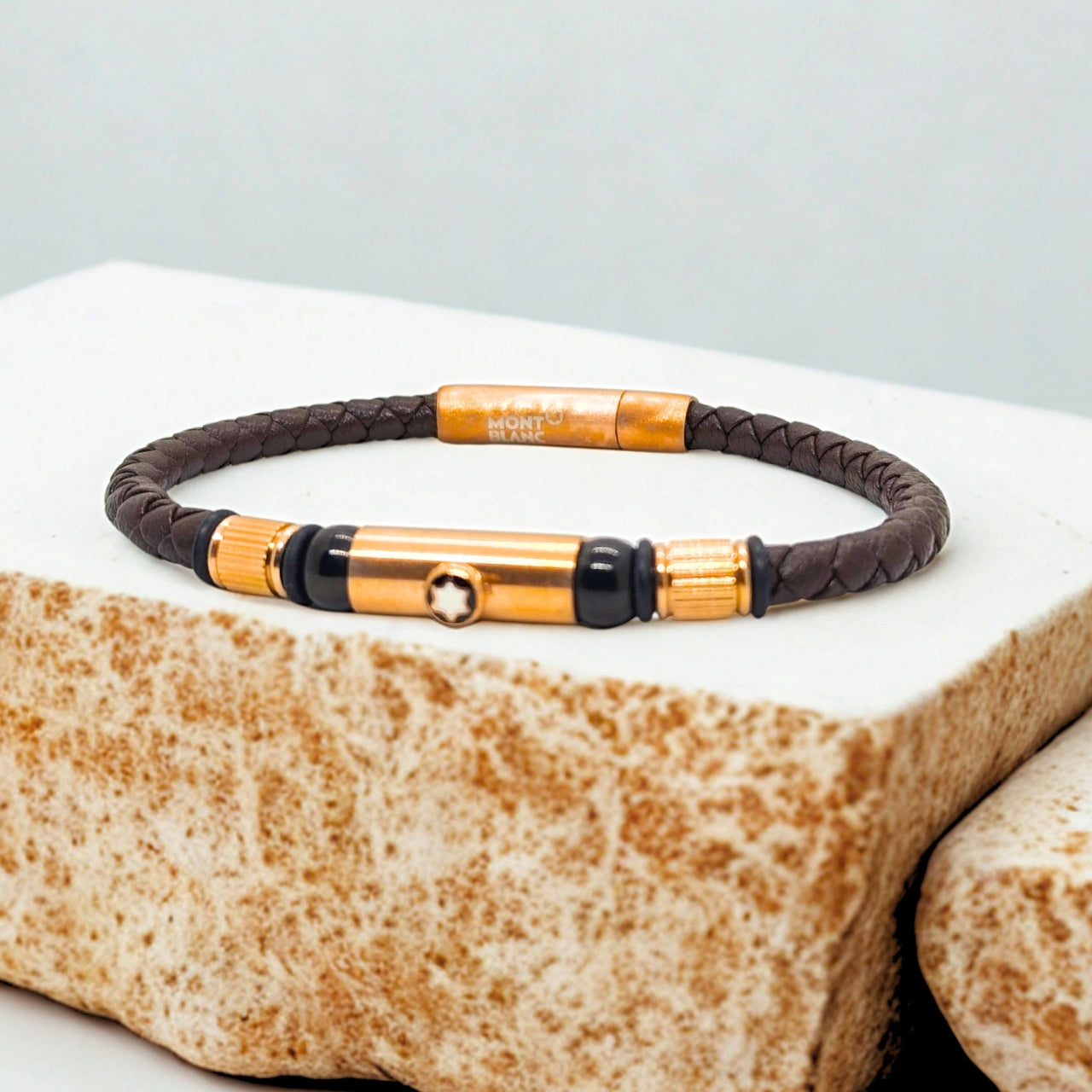 Brown Leather X Rose Gold Stainless Steel Bracelet B-109 - Overpowered Accessories | Egypt