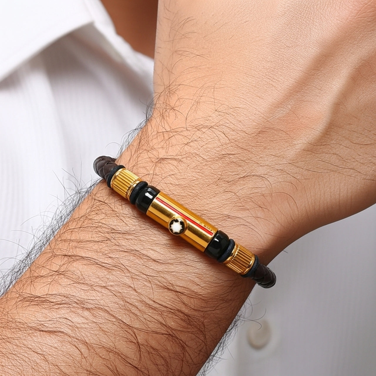 Brown Leather X Rose Gold Stainless Steel Bracelet B-109 - Overpowered Accessories | Egypt