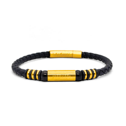 Black Leather X Gold Stainless Steel Bracelet B-110 - Overpowered Accessories | Egypt