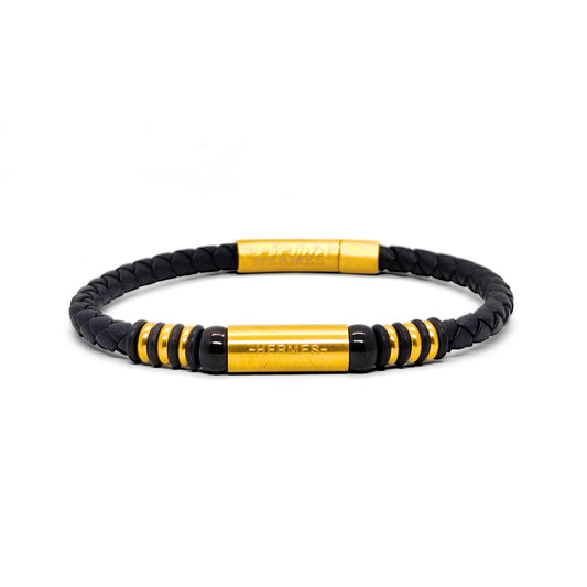 Black Leather X Gold Stainless Steel Bracelet B-110 - Overpowered Accessories | Egypt