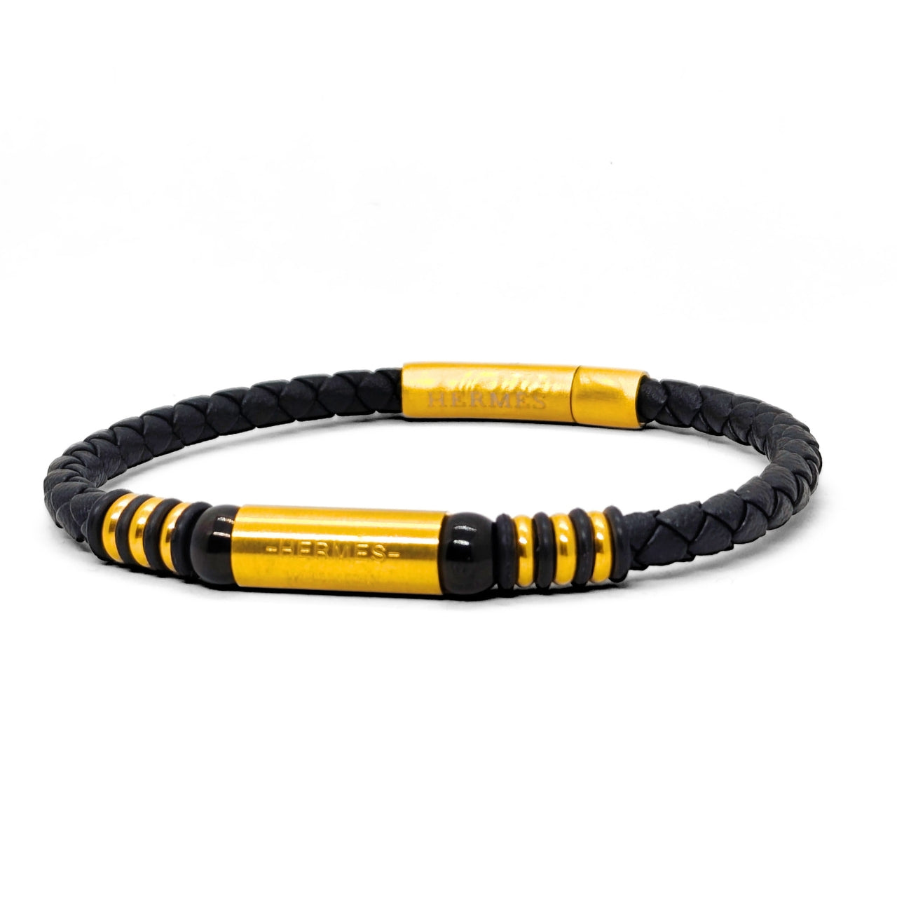Black Leather X Gold Stainless Steel Bracelet B-110 - Overpowered Accessories | Egypt