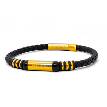 Black Leather X Gold Stainless Steel Bracelet B-110 - Overpowered Accessories | Egypt
