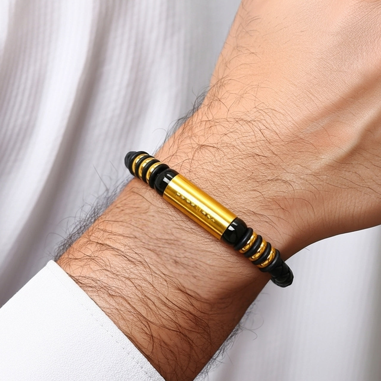Black Leather X Gold Stainless Steel Bracelet B-110 - Overpowered Accessories | Egypt