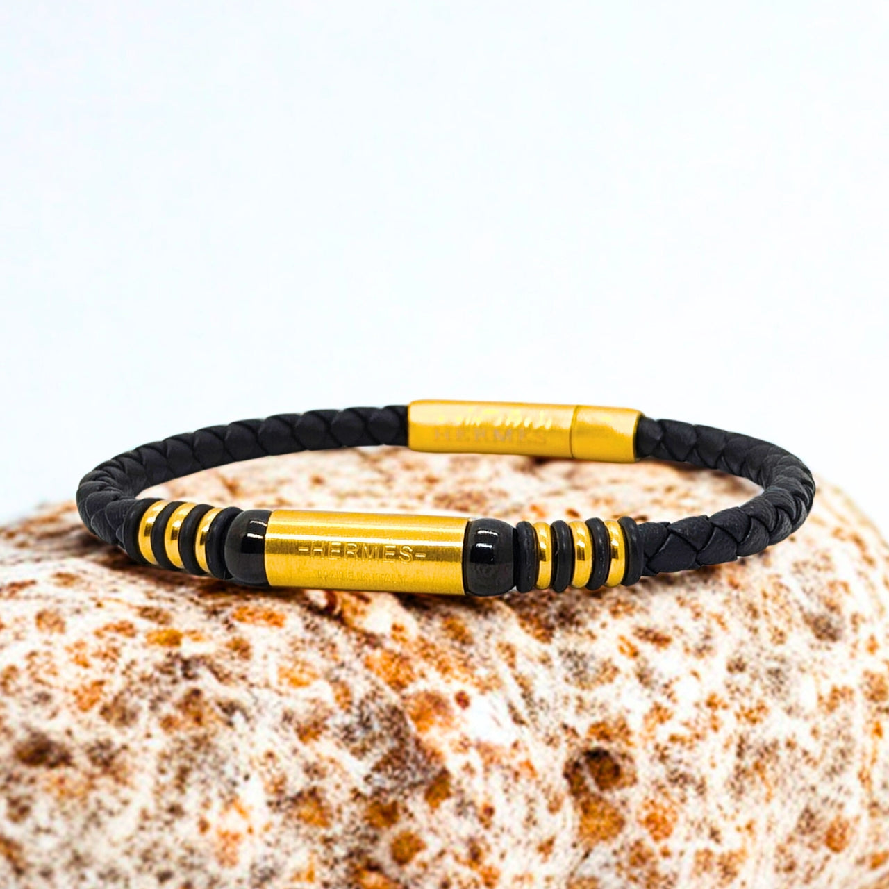 Black Leather X Gold Stainless Steel Bracelet B-110 - Overpowered Accessories | Egypt
