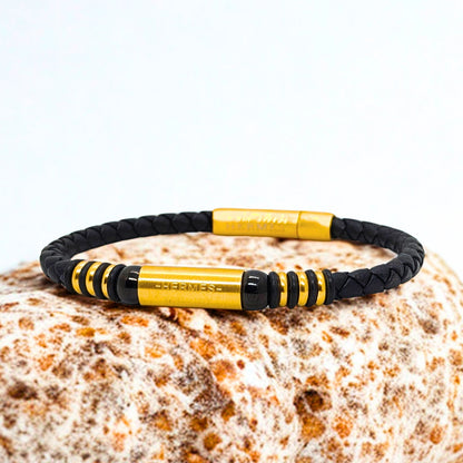 Black Leather X Gold Stainless Steel Bracelet B-110 - Overpowered Accessories | Egypt