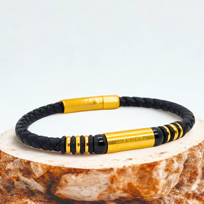 Black Leather X Gold Stainless Steel Bracelet B-110 - Overpowered Accessories | Egypt