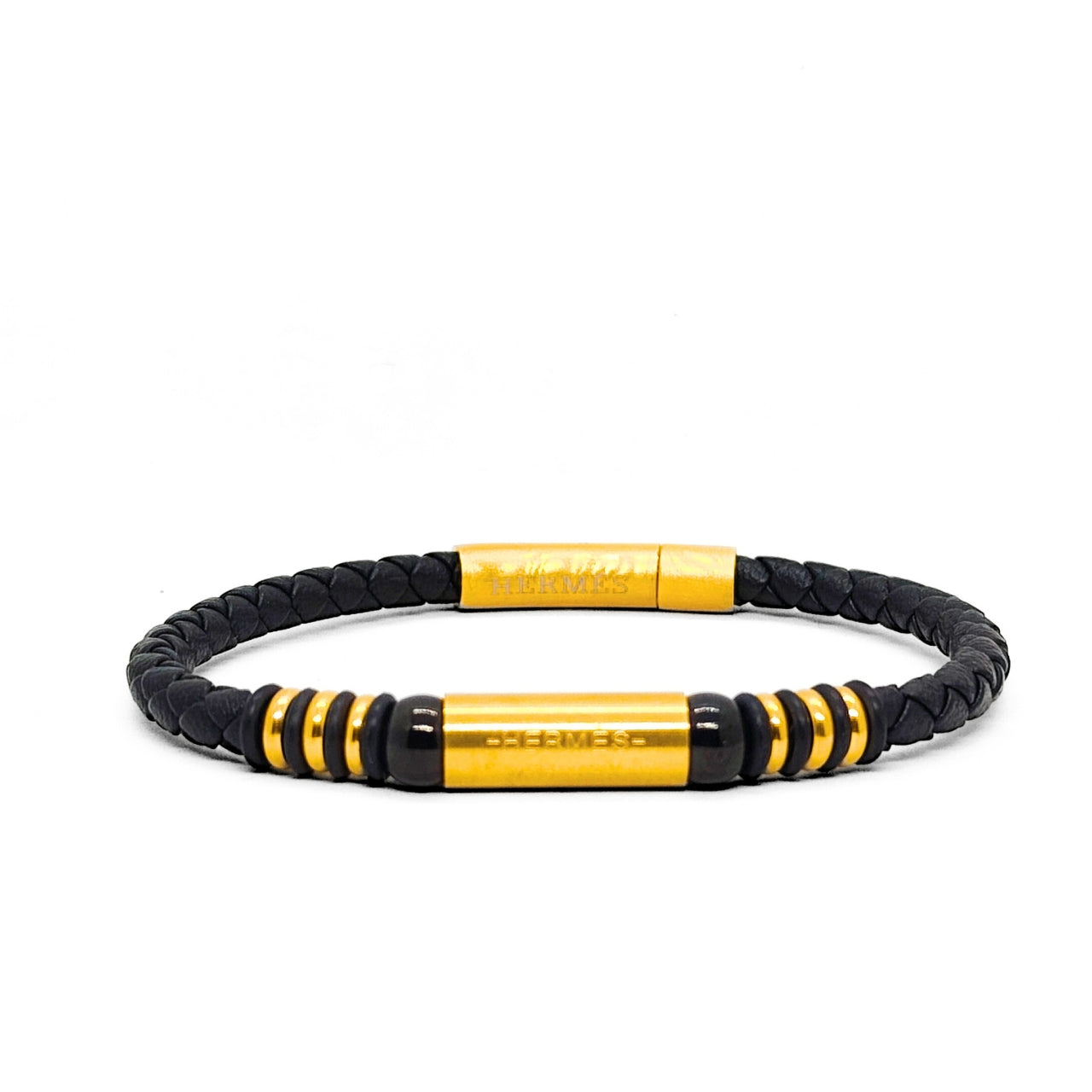 Black Leather X Gold Stainless Steel Bracelet B-110 - Overpowered Accessories | Egypt