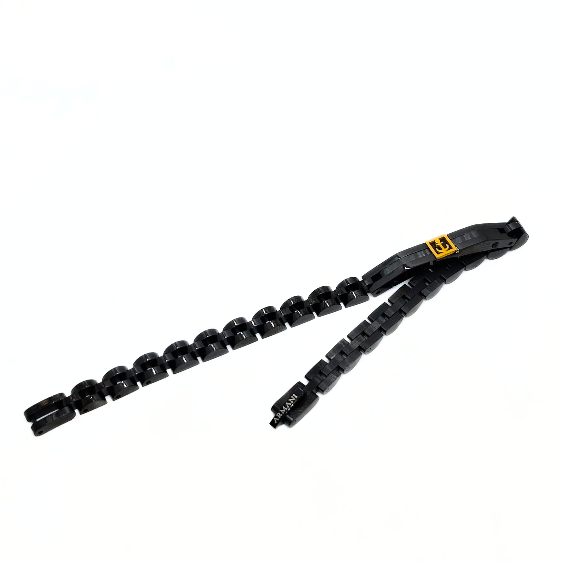 Men's black stainless steel anchor bracelet with gold accent clasp plate