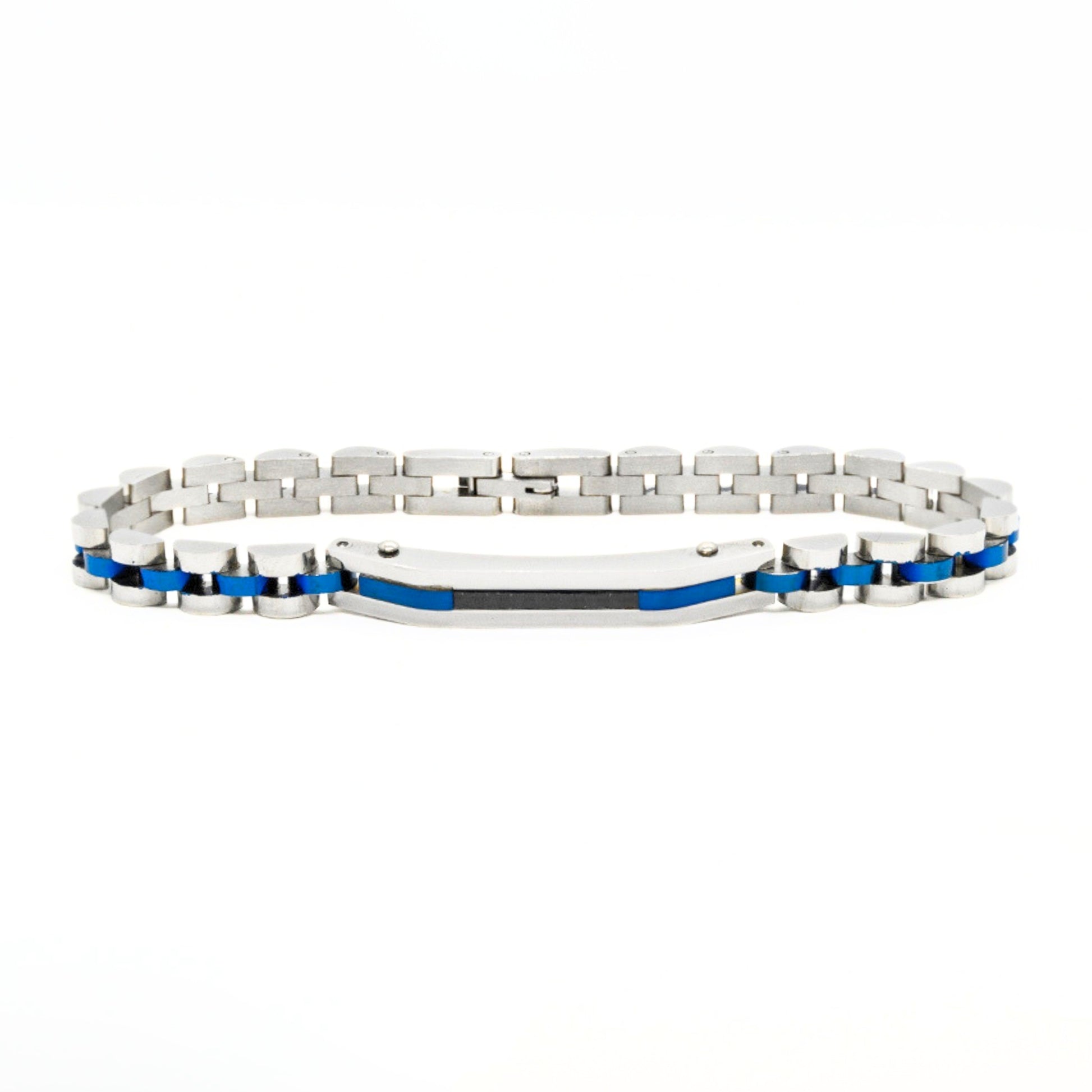 Stainless steel beaded bracelet with blue stripe insets and rectangular link chain
