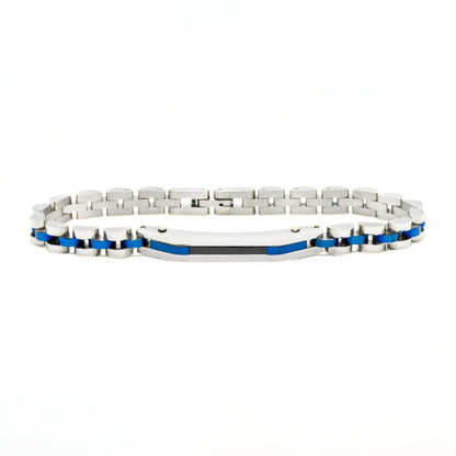Stainless steel beaded bracelet with blue stripe insets and rectangular link chain