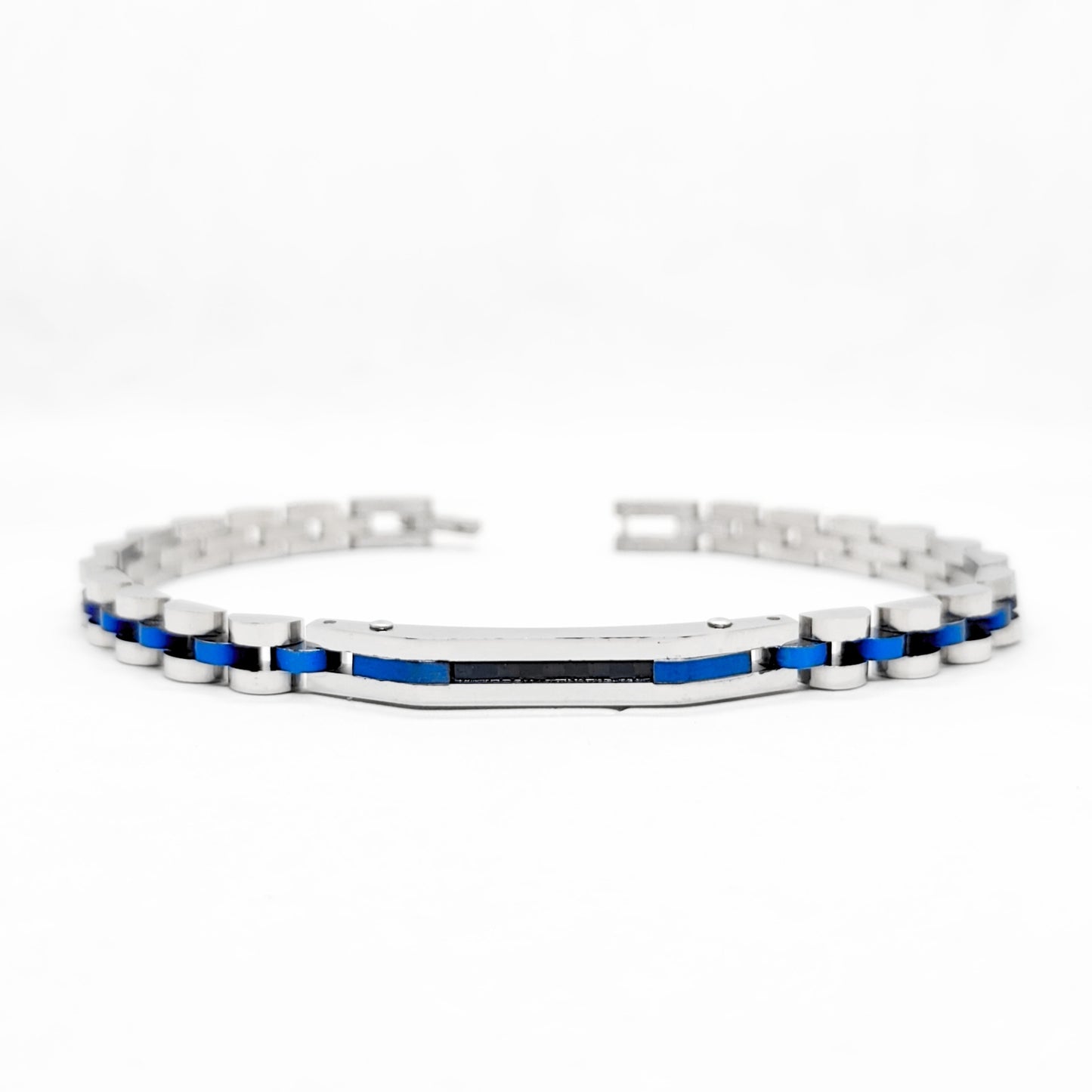 Men's stainless steel bracelet with blue and silver bead accents, link chain design