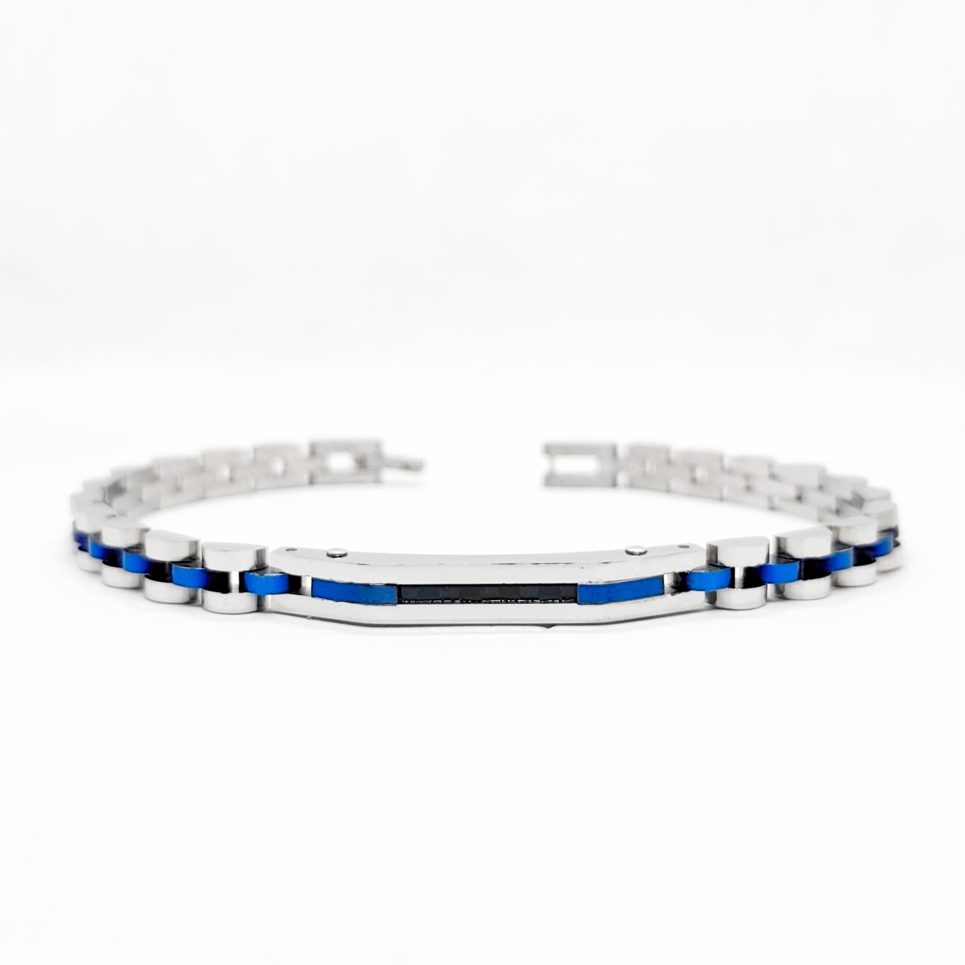 Men's stainless steel bracelet with blue and silver bead accents, link chain design