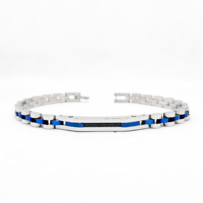 Men's stainless steel bracelet with blue and silver bead accents, link chain design