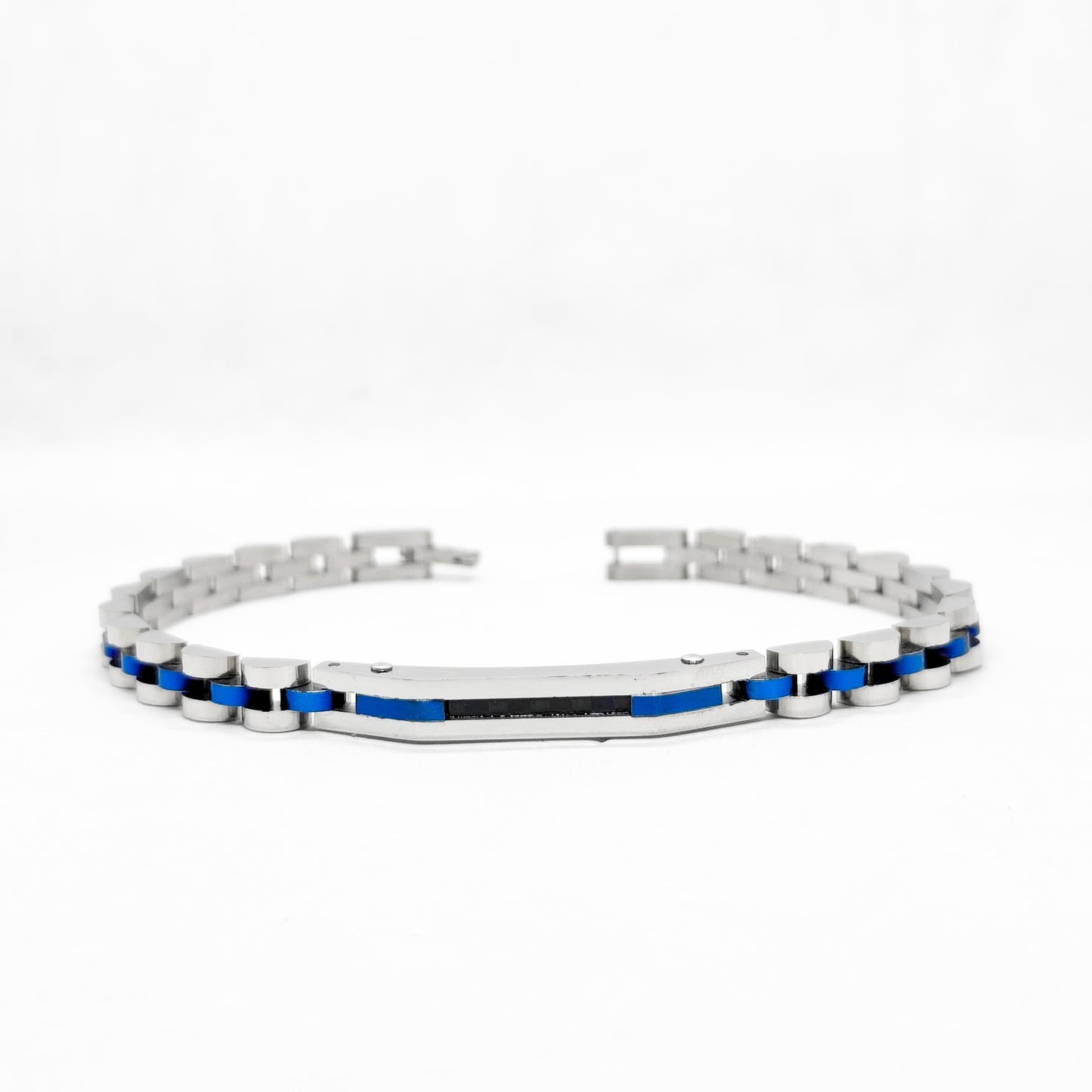 Silver stainless steel bracelet with blue inlay stripe and metal link construction