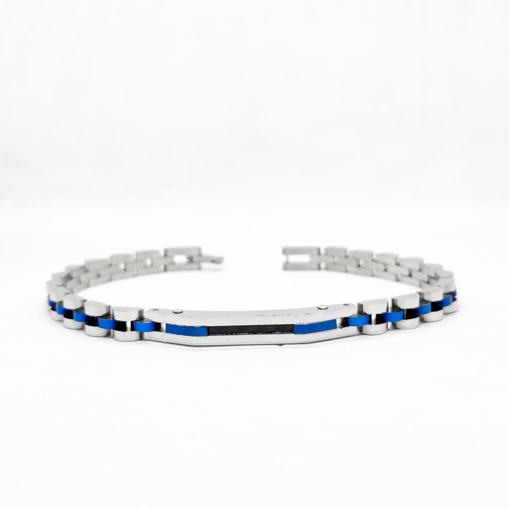 Silver stainless steel bracelet with blue inlay stripe and metal link construction