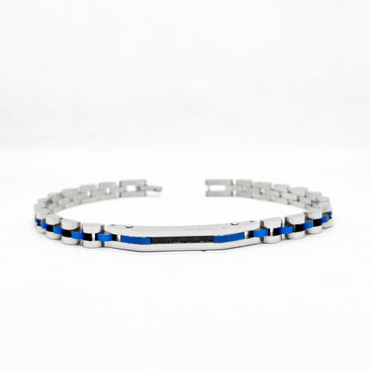 Silver stainless steel bracelet with blue inlay stripe and metal link construction
