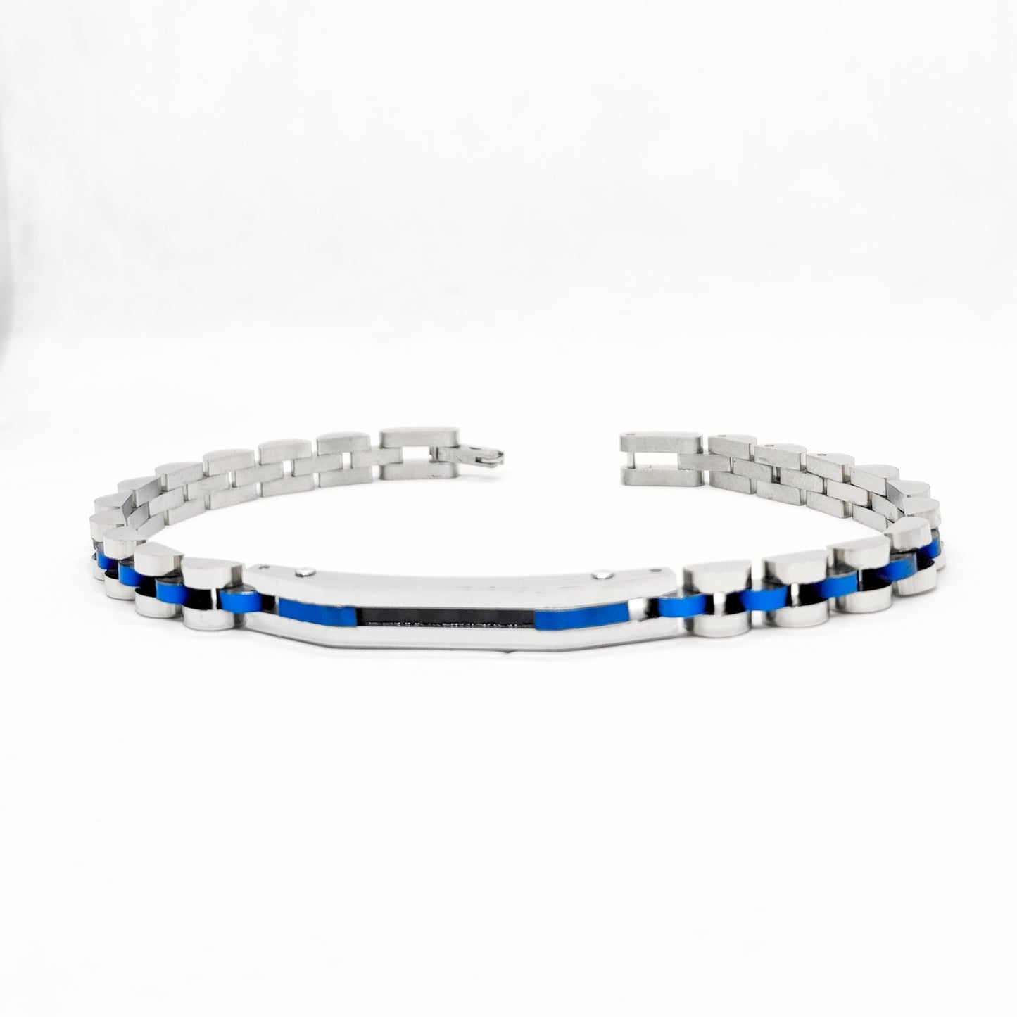 Stainless steel link bracelet with alternating blue and silver bead segments